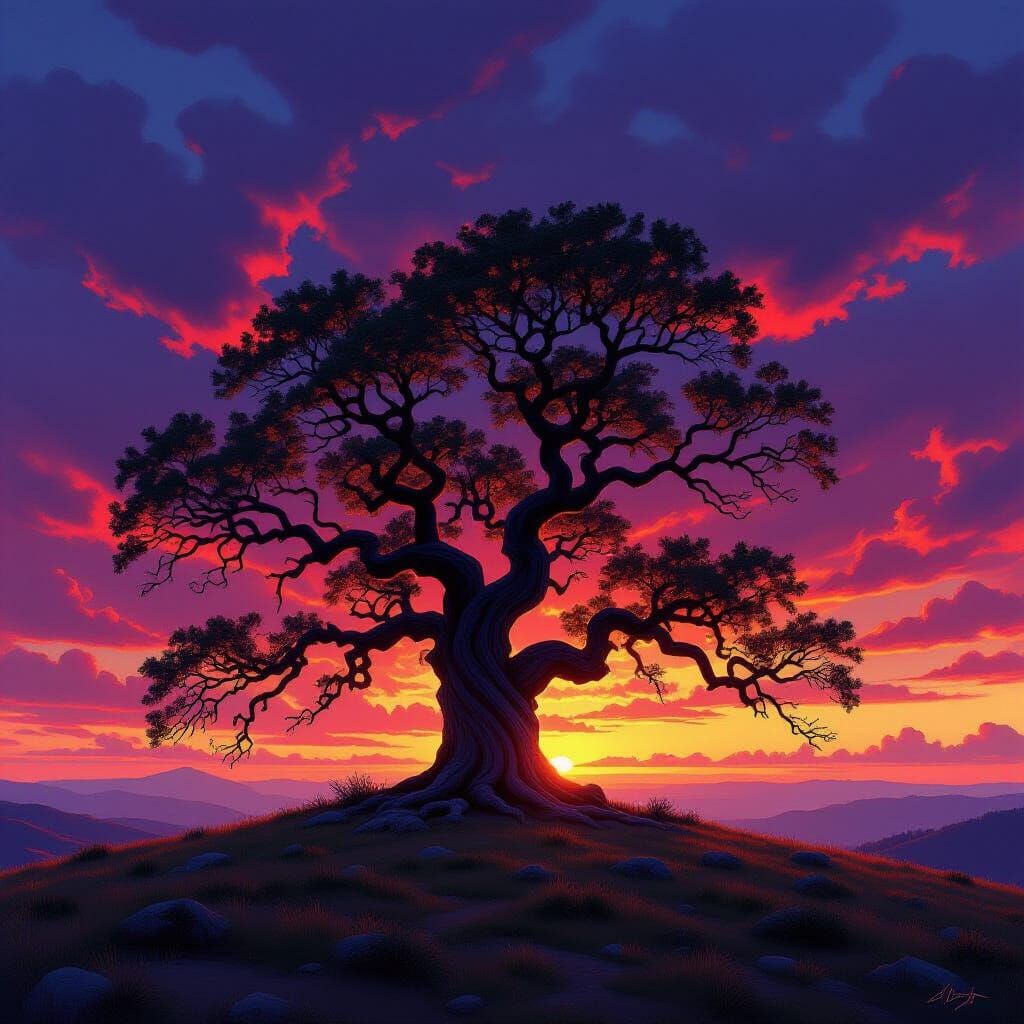 Ancient Tree on Windswept Hilltop at Sunset