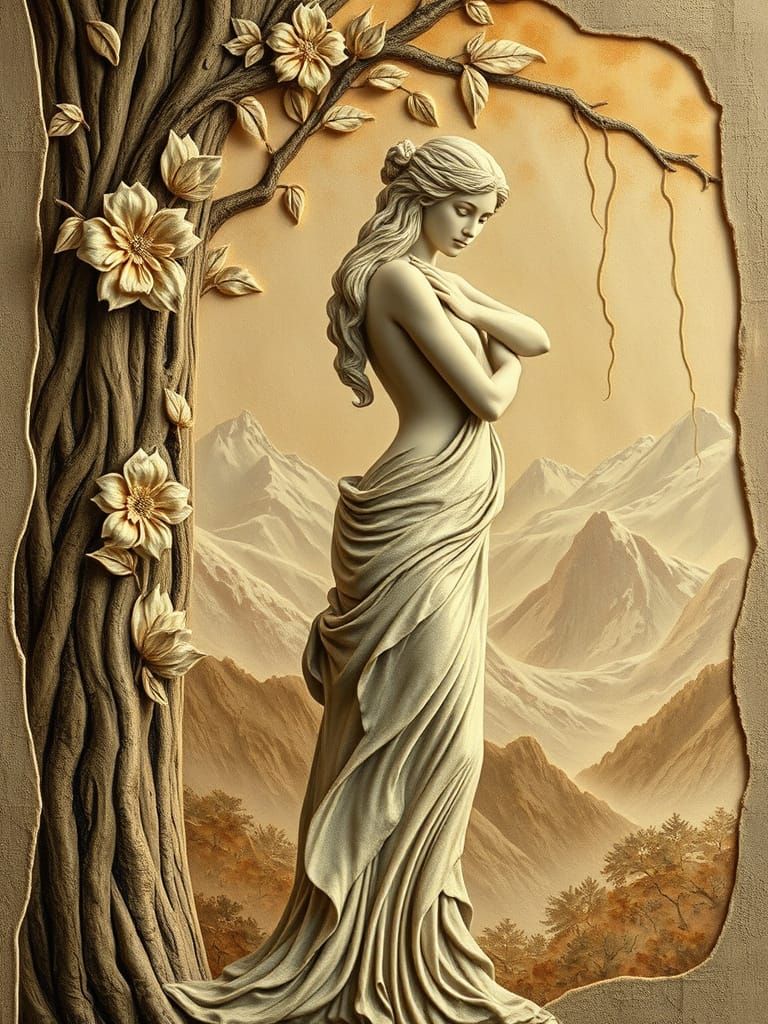 Art Nouveau Statue Blends with Alpine Tree in Golden Light