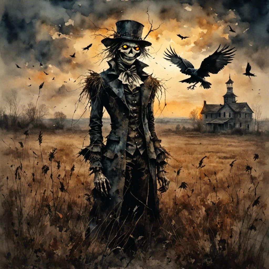 Eerie Steampunk Scarecrow in Decaying Field