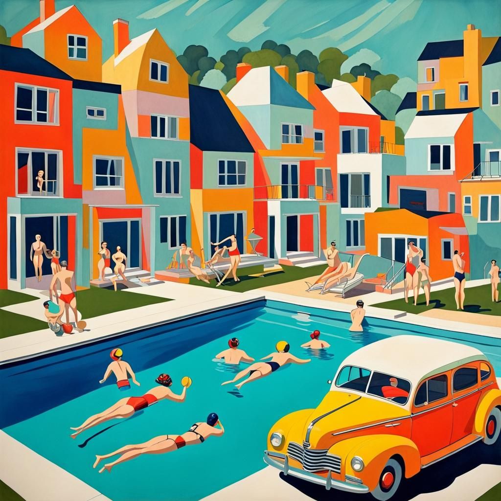 1940s Swimming Pool Scene in Abstract Art Style