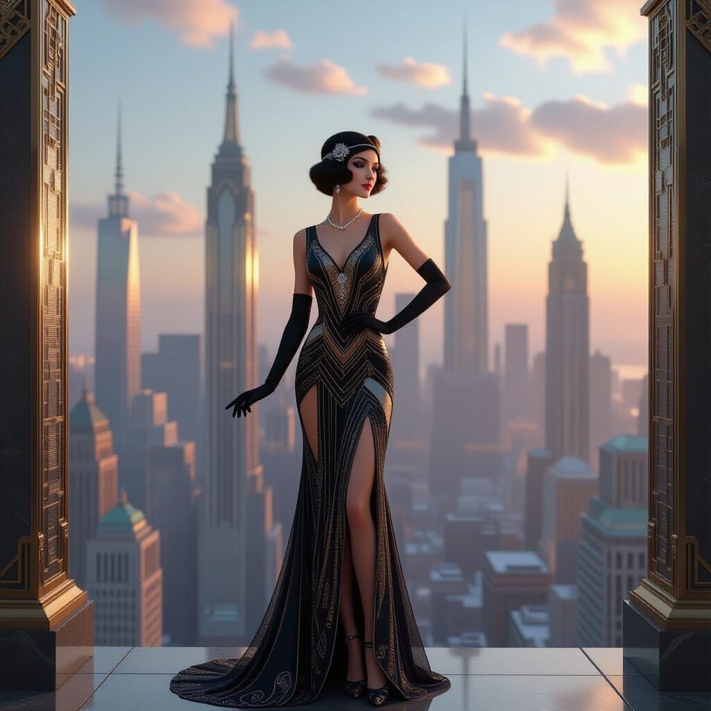 Art Deco Cityscape With Elegant Lady in Flapper Dress