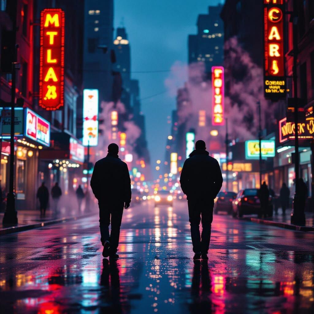 African American Dad in Moody Cityscape at Dusk