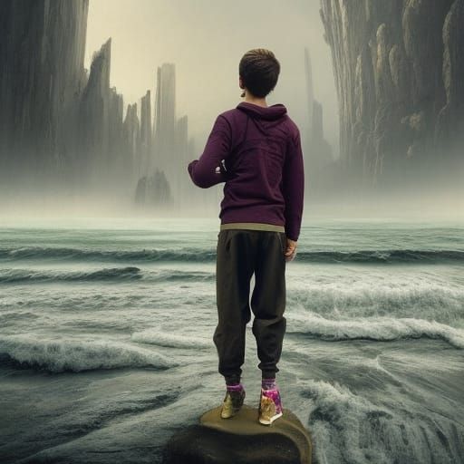 Radiant Boy in Dystopian Matte Painting