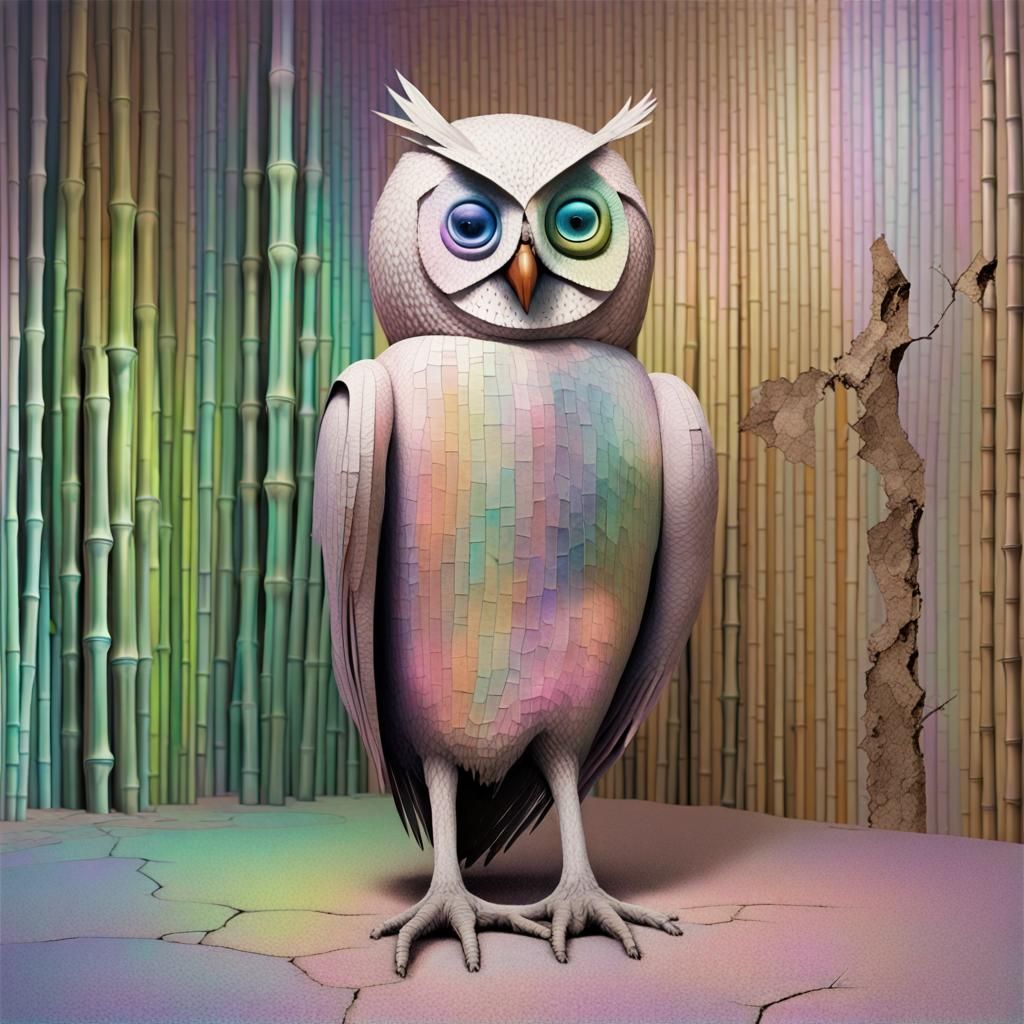 Surreal Holographic Owl Confronts a Desolate, Cracked Landsc...