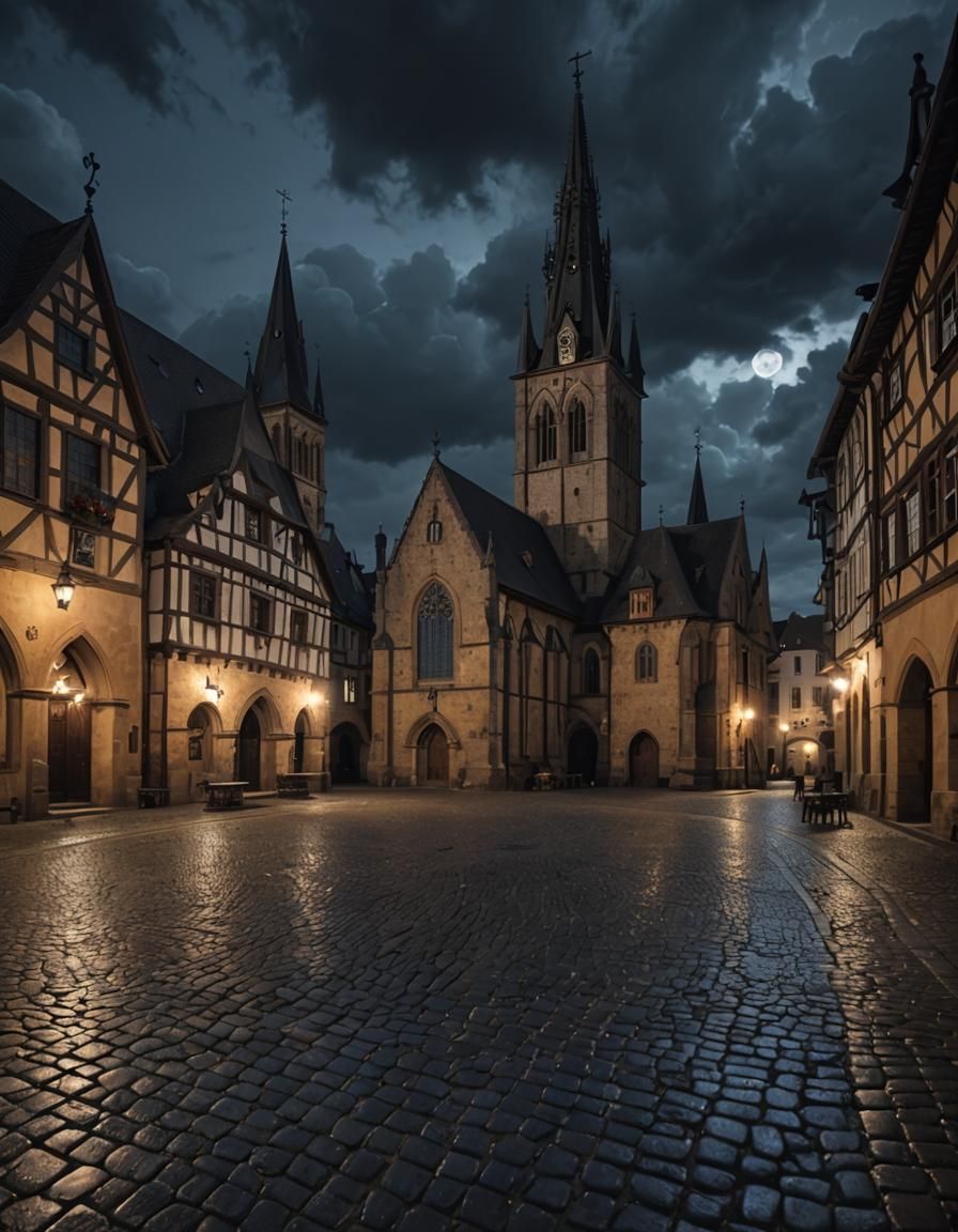 Medieval Town Square with Gothic Church at Night