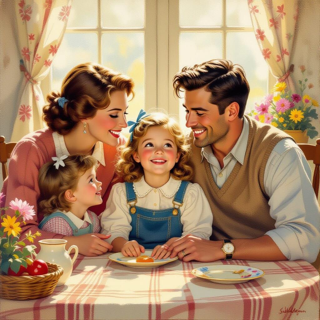 Happy Middle Child Surrounded by Family, Nostalgic Illustrat...