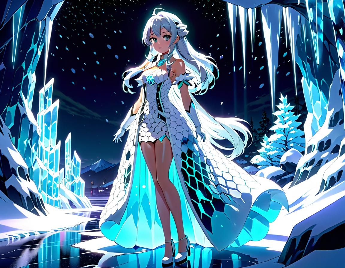 Icy Winterscape with Neon Light in Anime Style