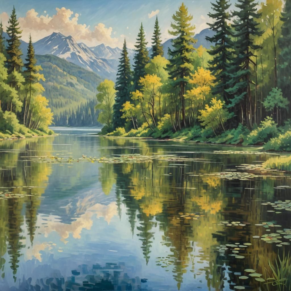 Monet-Inspired Lake: Impressionistic Oil Painting