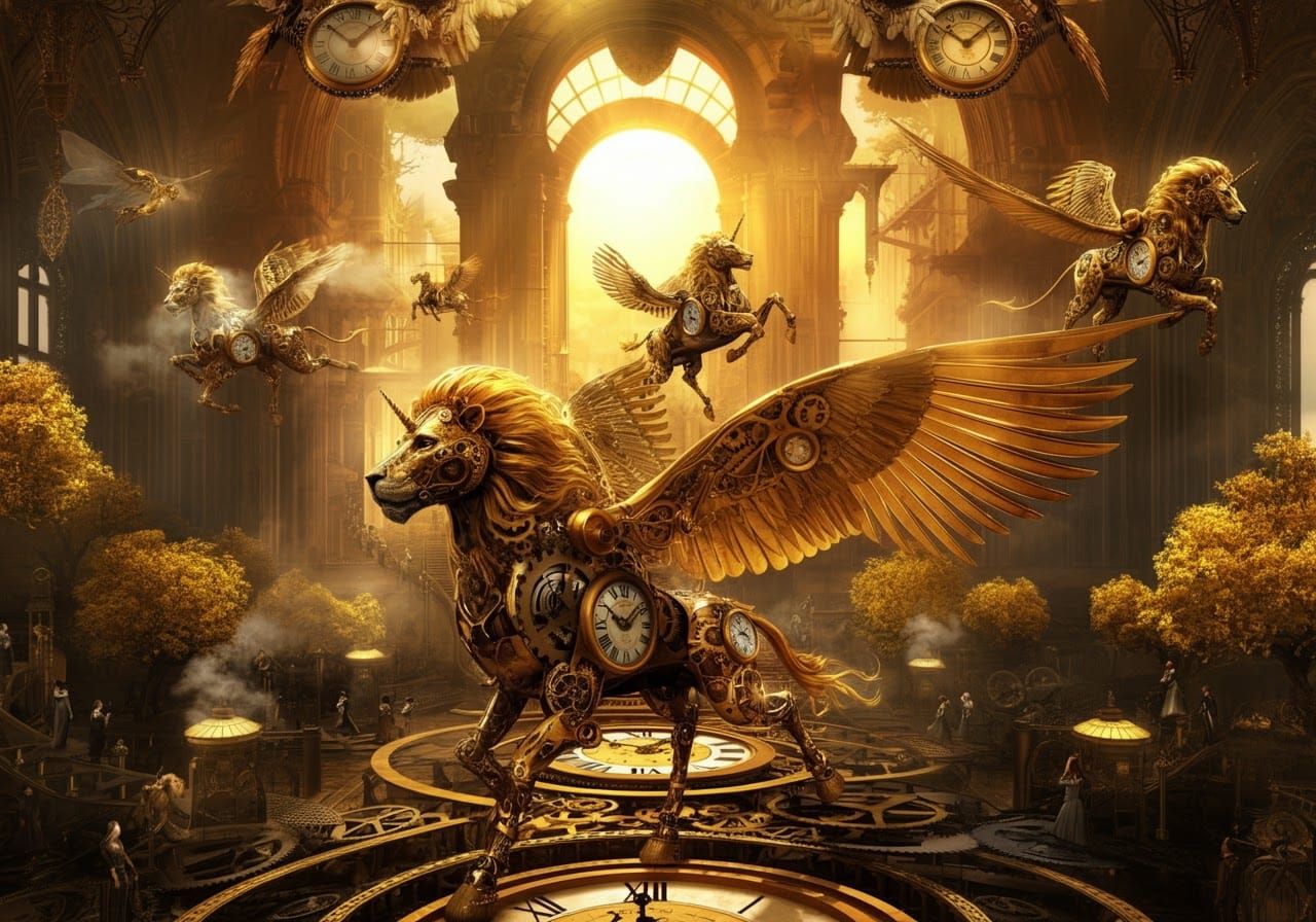 Clockwork Steampunk Creatures in Surreal Landscape