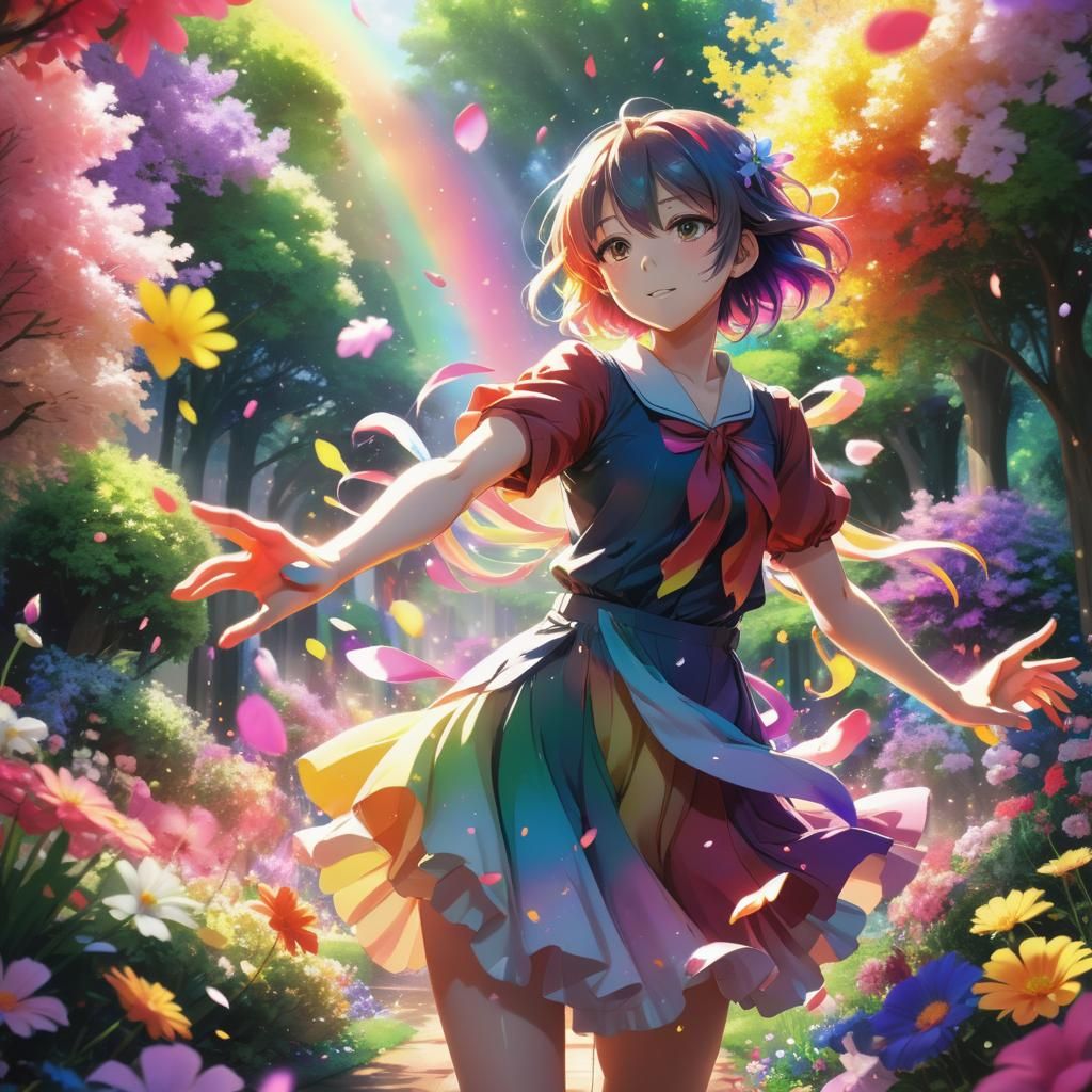 Anime Girl Dissolves into Rainbow Petals