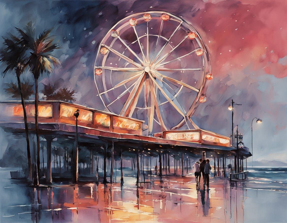 Neon Boardwalk at Dusk: Dreamy Watercolour Painting