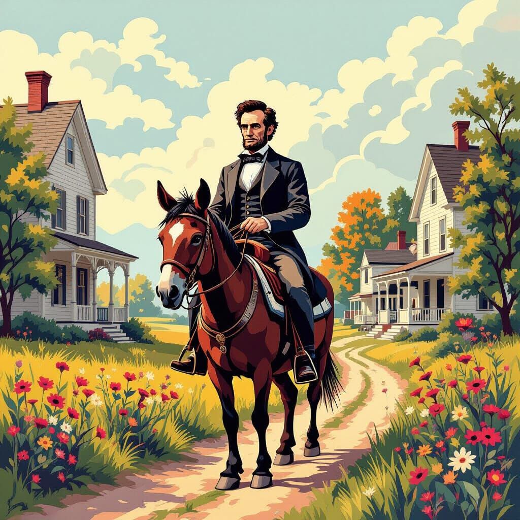 17-Year-Old Lincoln Rides Mule to Village in Abstract Vector...