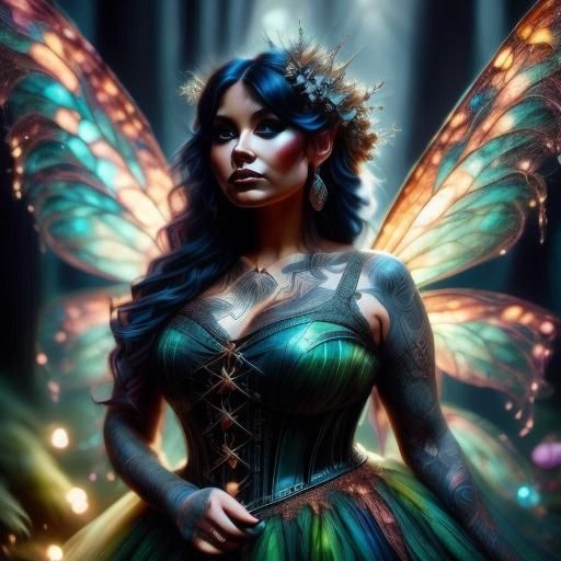 Tattooed Fairy Woman in Magical Forest Portrait