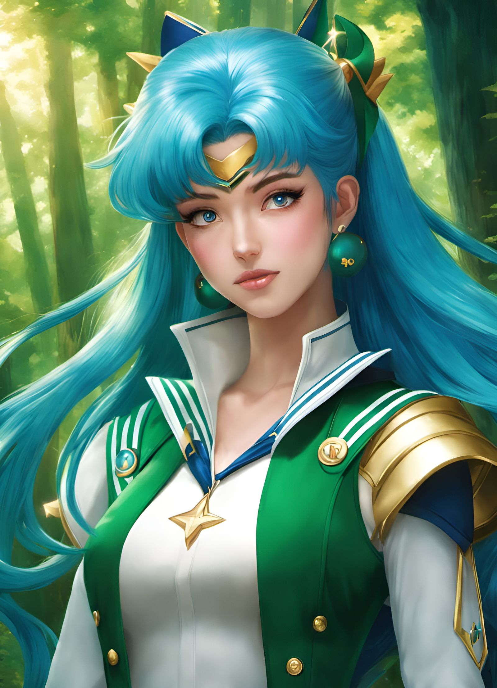 Blue-Haired Woman in Forest, Hyperrealistic Style