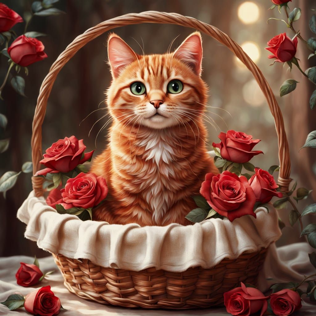 Cute Red-Ginger Cat with Roses in Disney Style