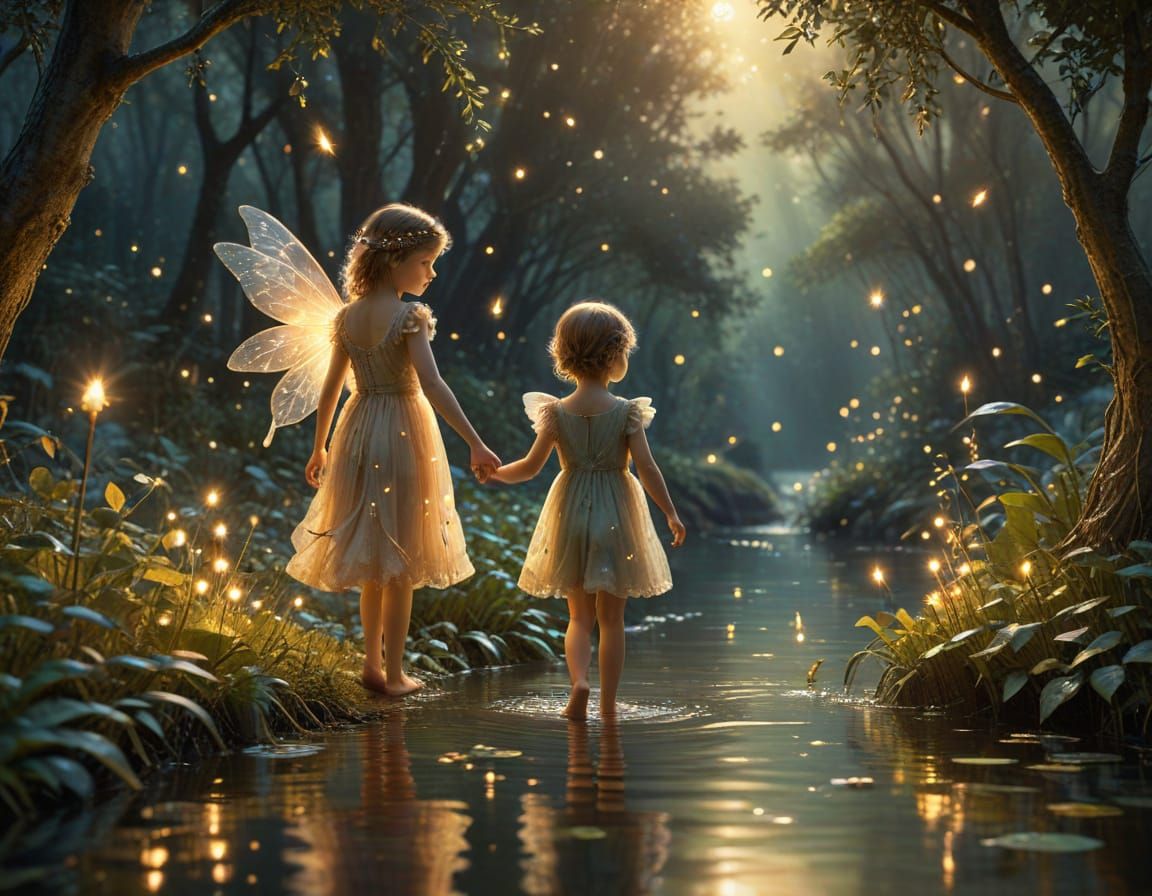 Child and Faery on Leafy Isle: Watercolor Art