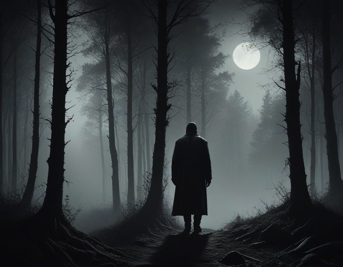 Etched Figure in Moonlit Forest, Dark Academia Style