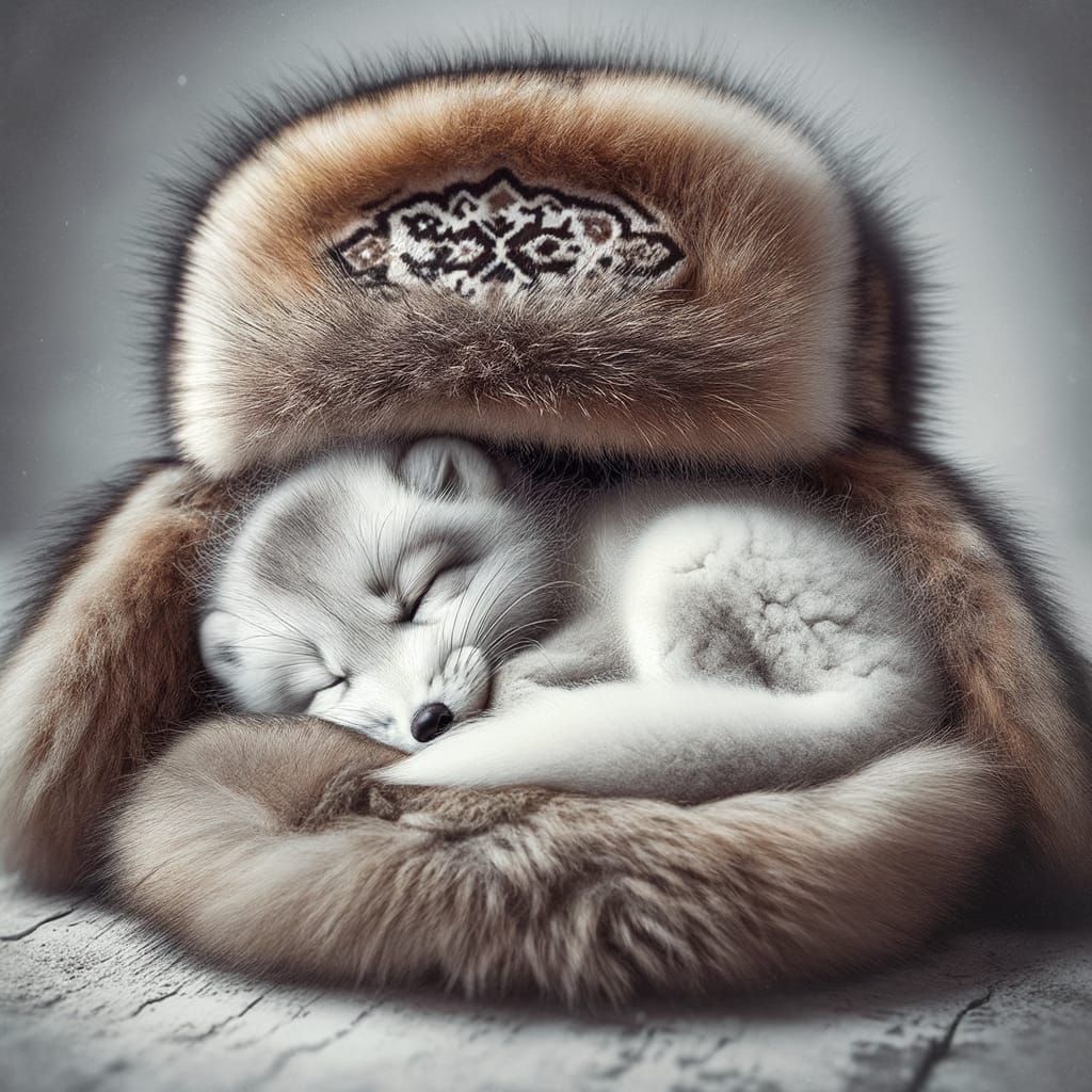 Arctic Fox Pup Sleeping in Ushanka Hat