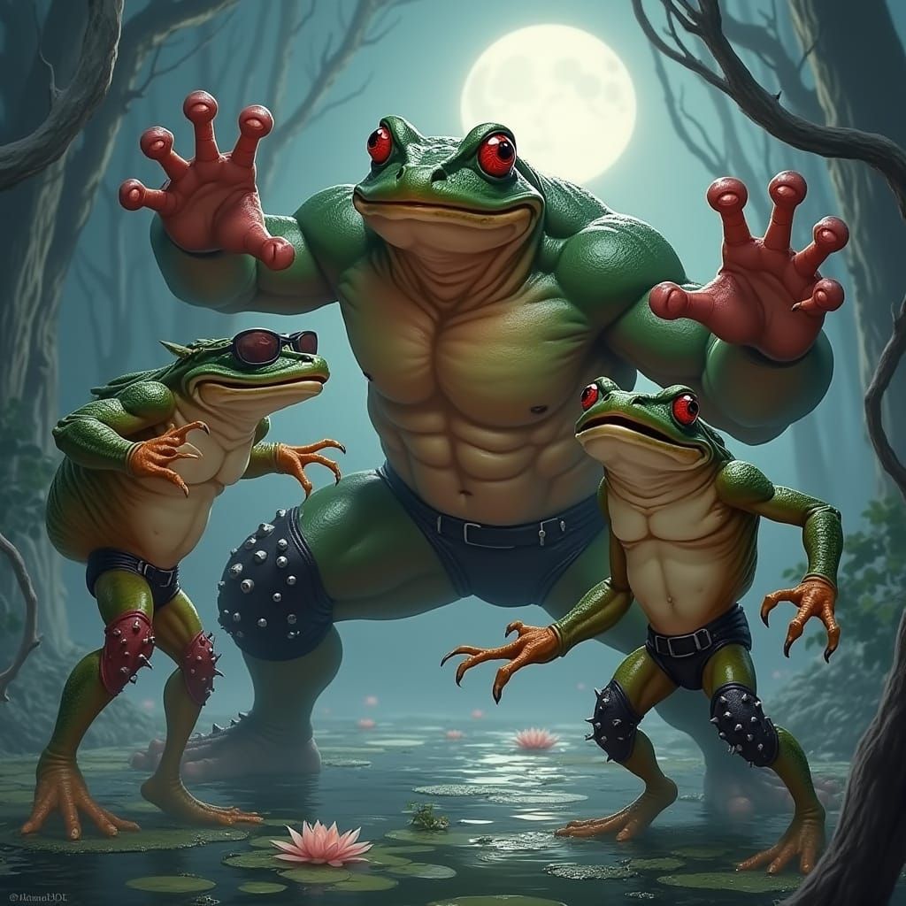 Muscled Frogs Engage in Epic Battle under Moonlit Pond