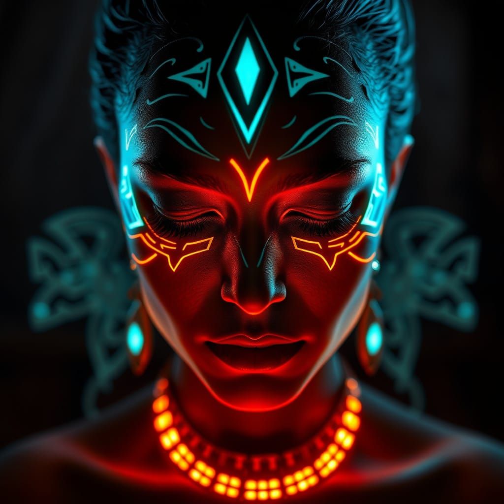 Woman with Glowing Tribal Markings in Digital Art