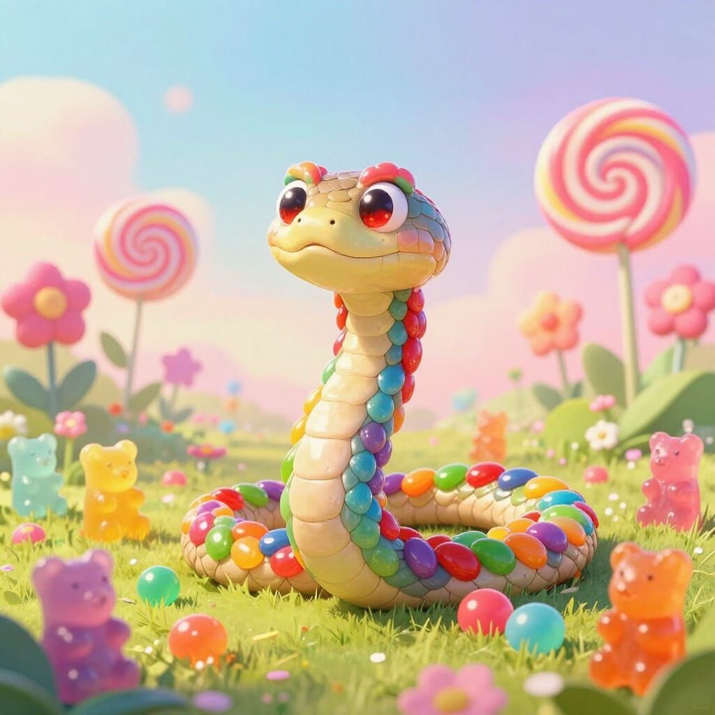 Rainbow Candy Snake in Whimsical Gummy Landscape
