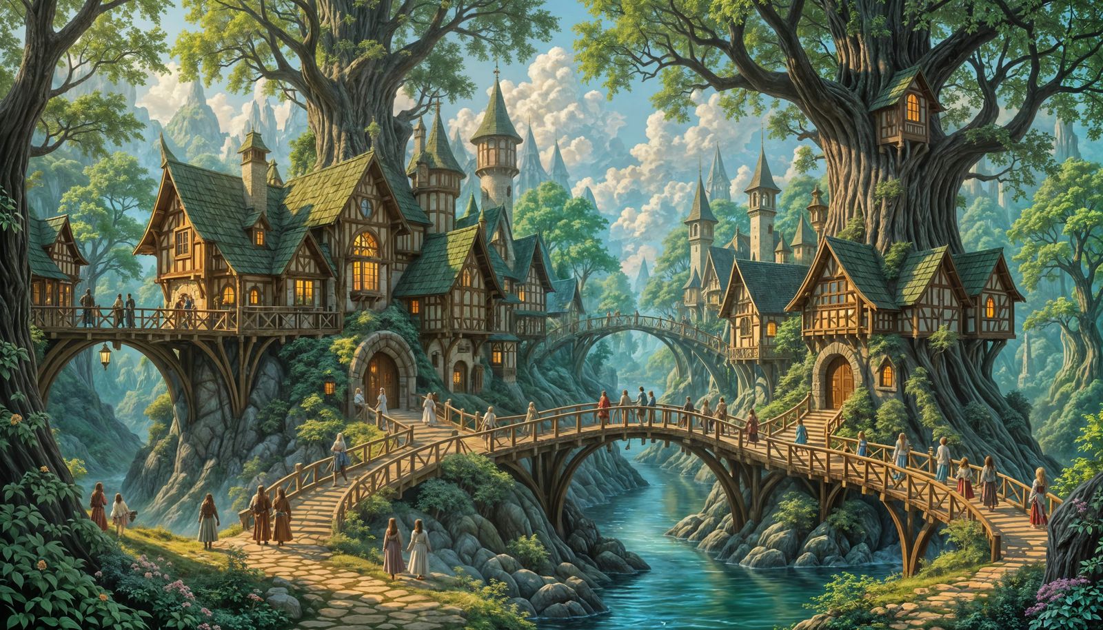 Enchanting Elven City in Forest, Fantasy Painting
