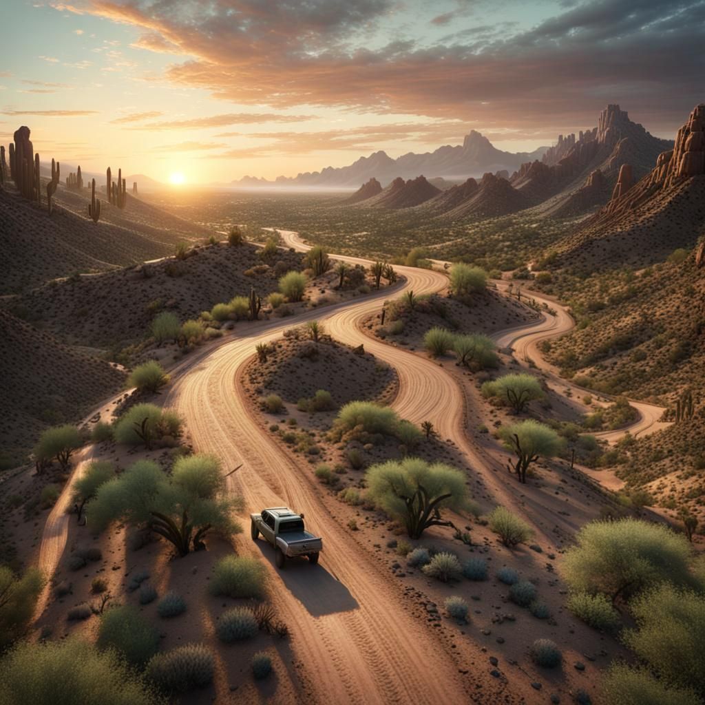 Toyota Tacoma on Desert Road at Sunset
