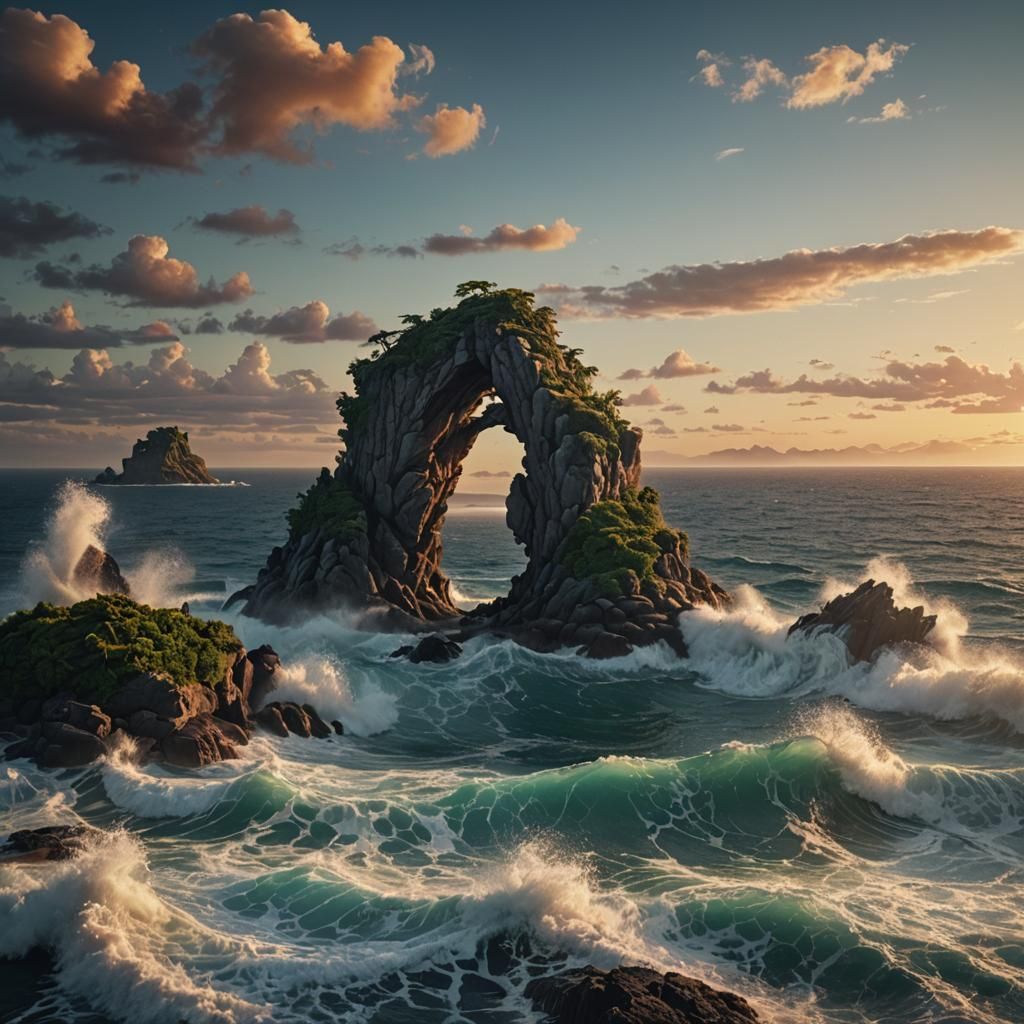 Magical Portal at Sunrise: Photorealistic Island Oceanscape