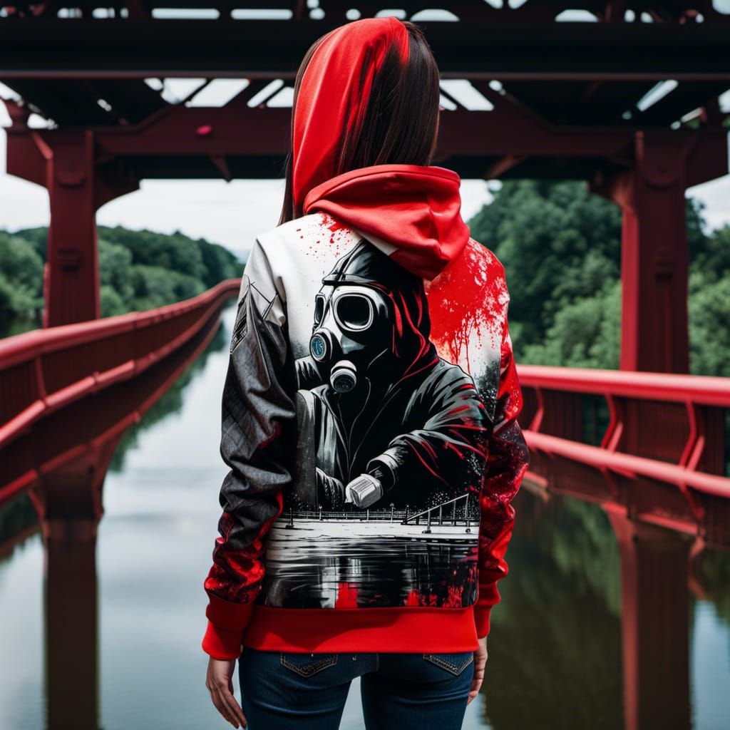 Woman in Gas Mask Overlooking River