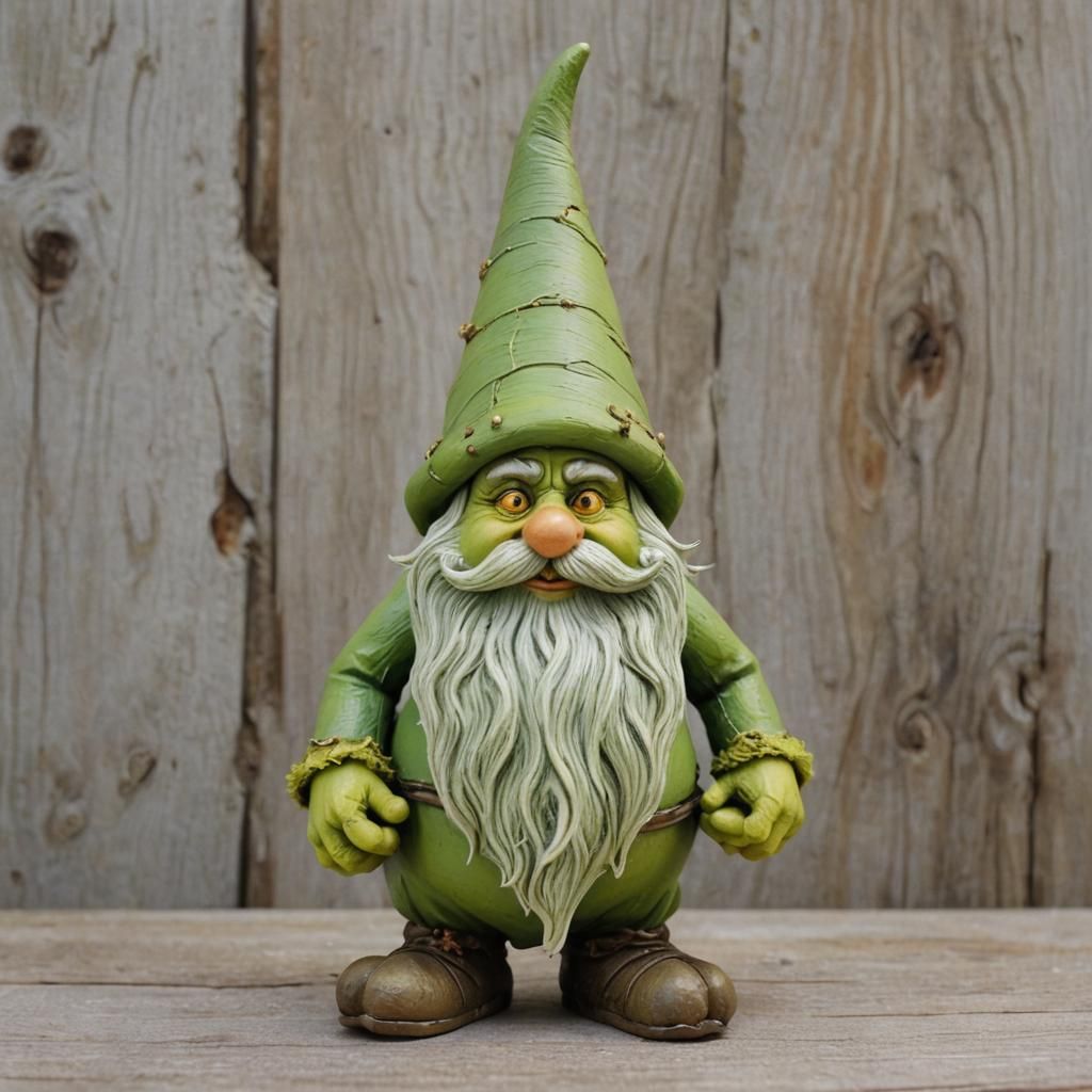 whimsical gnome with features inspired by the Grinch. The gn...