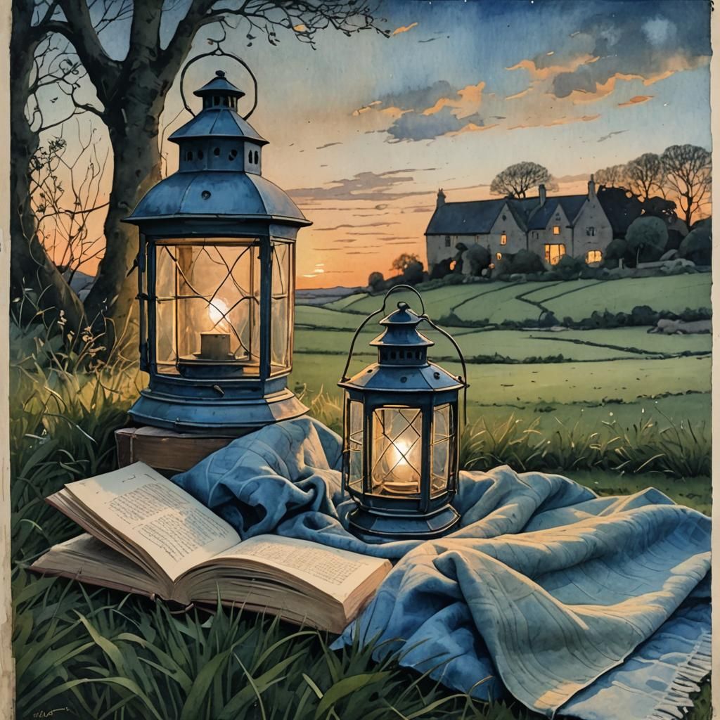 Lantern Light on Grass: Cotswold Sunset Painting