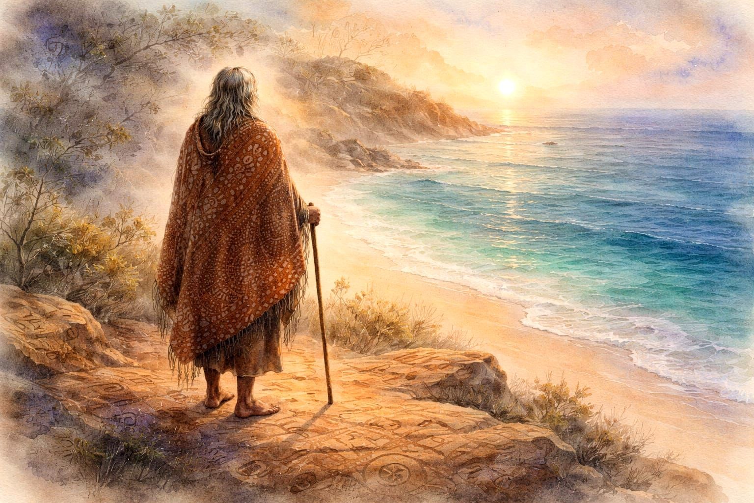 Aboriginal Elder at Dawn Watercolor Painting