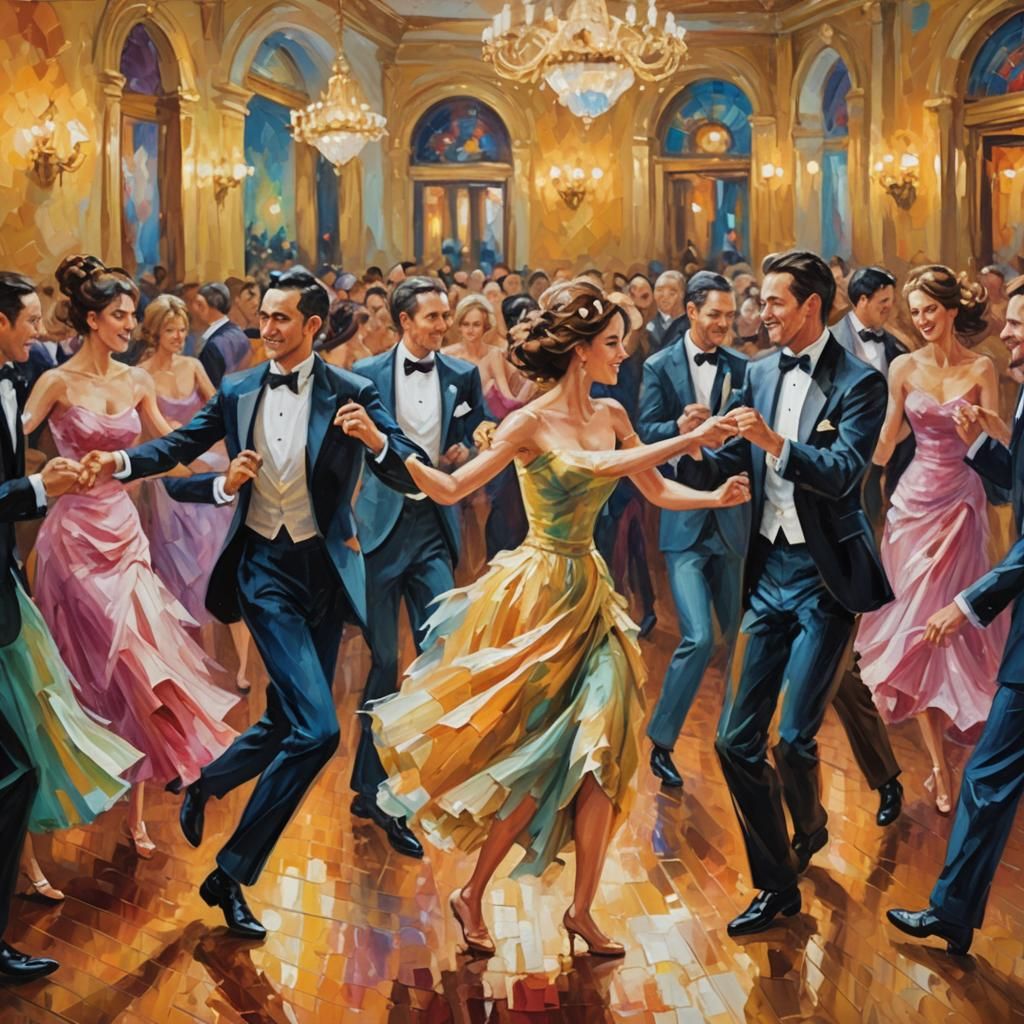 Lavish Ballroom Scene in Neo-Impressionist Style