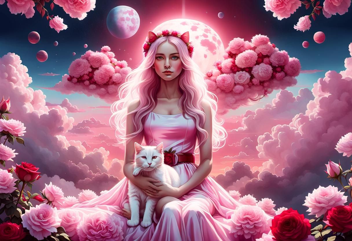 Girl with Cat in Pink Cloudscape: Photorealistic Digital Art