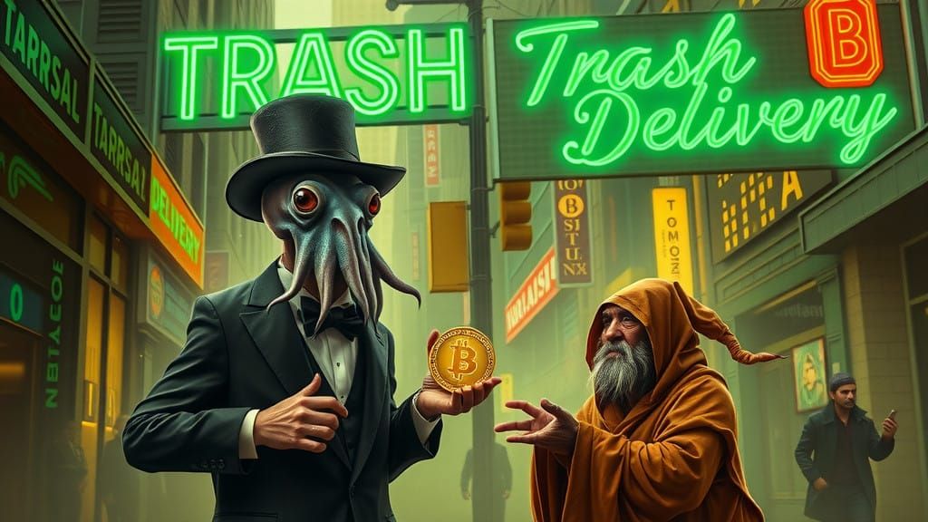 Squid Philanthropist in Dark, Surreal Cityscape