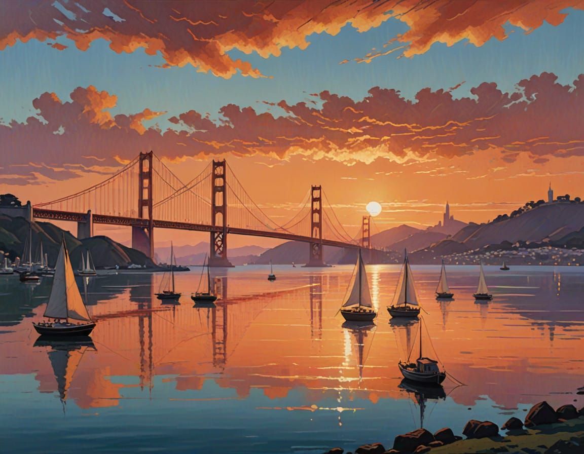 Golden Gate Bridge at Golden Hour in Impressionist Style