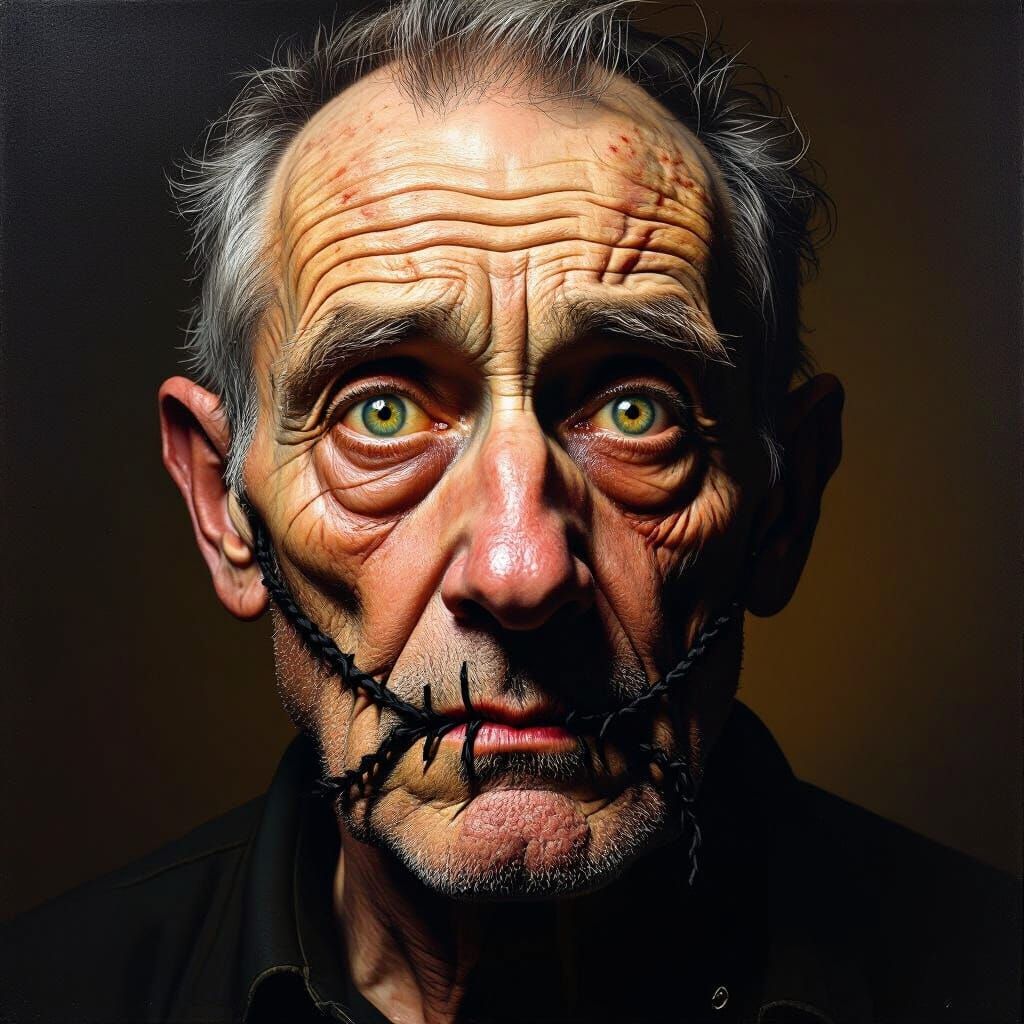 Surreal Portrait of Old Man With Mouth Sewn Shut