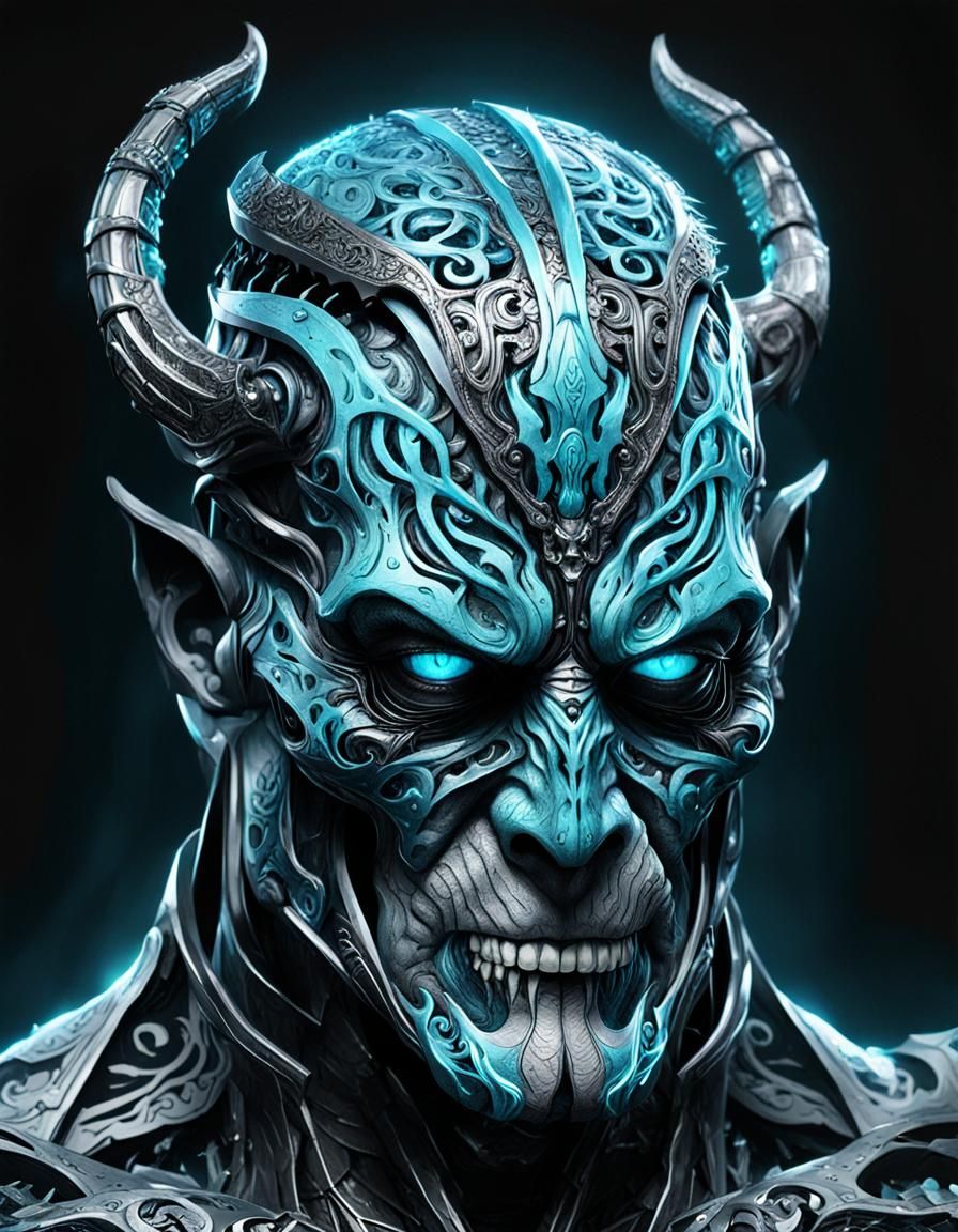 Twisted Steel God with Glimmering Eyes in Comic Style