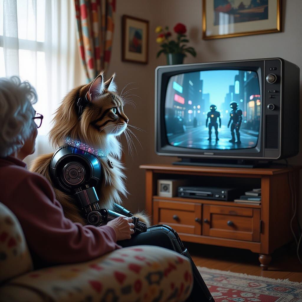 Robot Cat Watches Dystopian TV in Cyberpunk Style