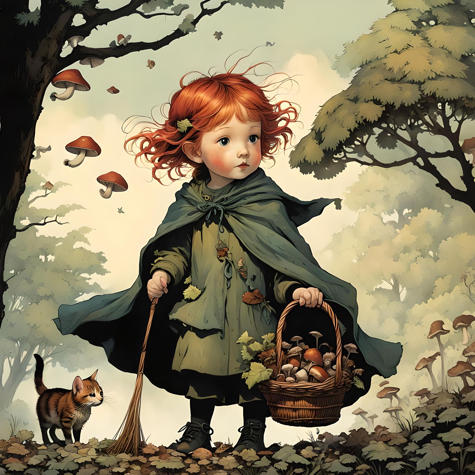 Girl and Kitten Gathering Mushrooms: Storybook Illustration