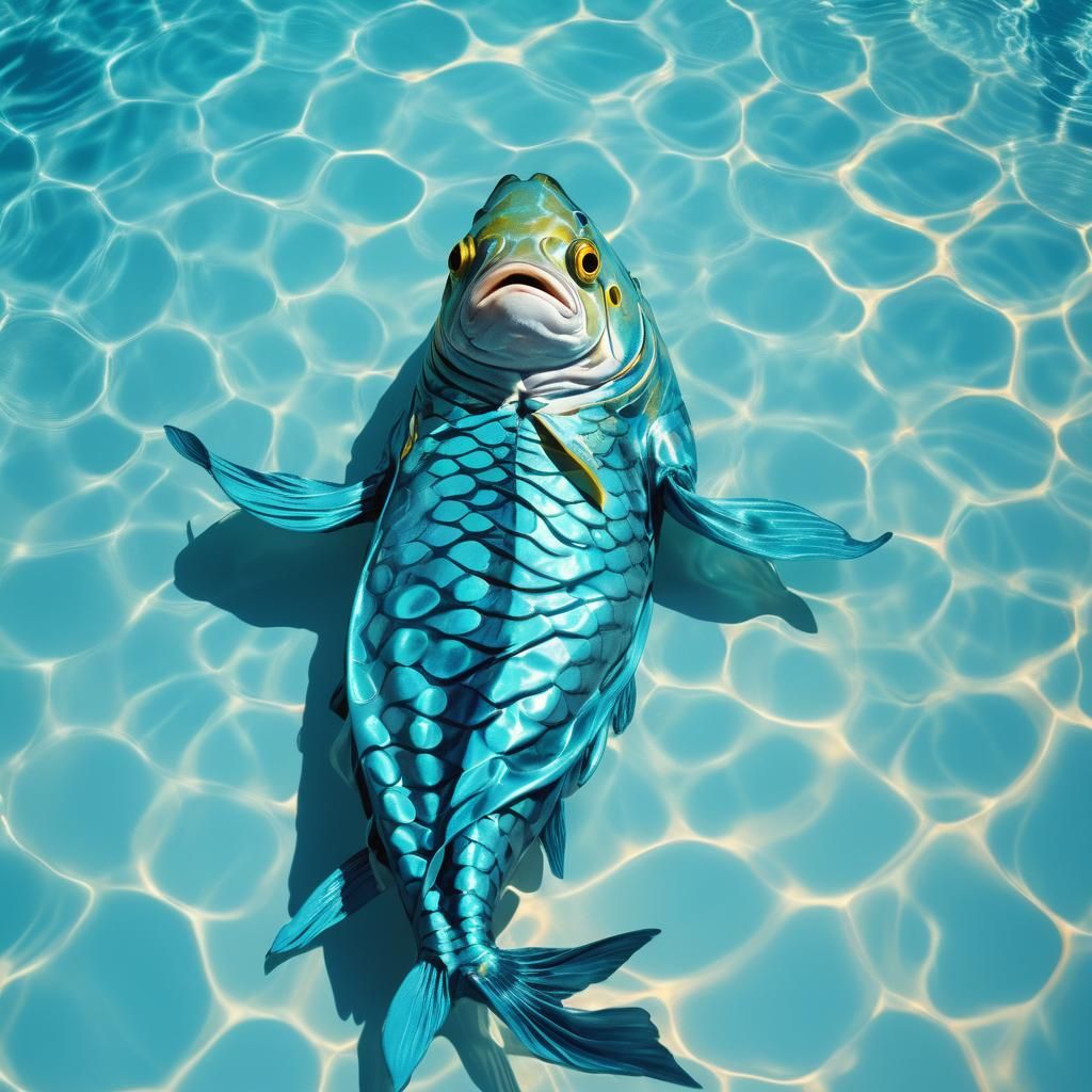 Surreal Fish Model in Aqua Pool, Dreamlike Art