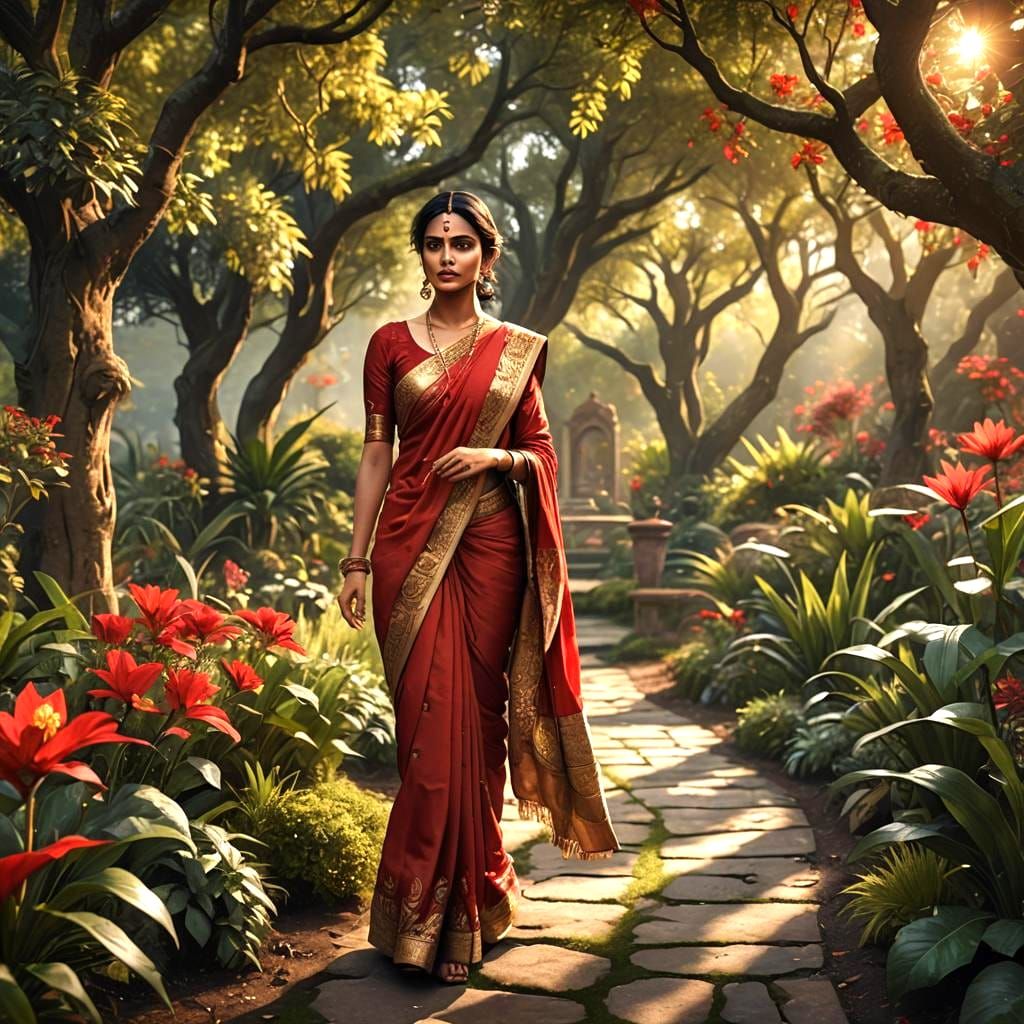 Beautiful Girl in Red and Gold Sari