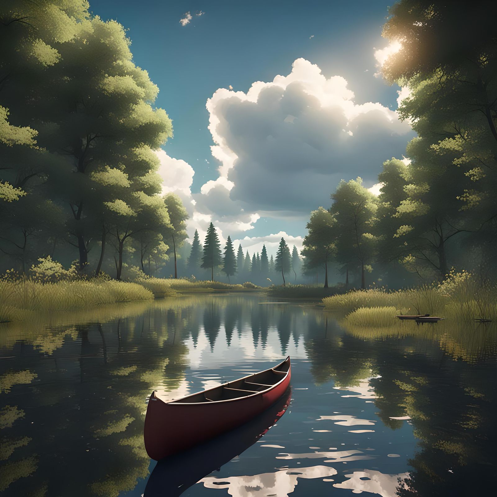 Canoe on River in Forest with Thunderhead Clouds