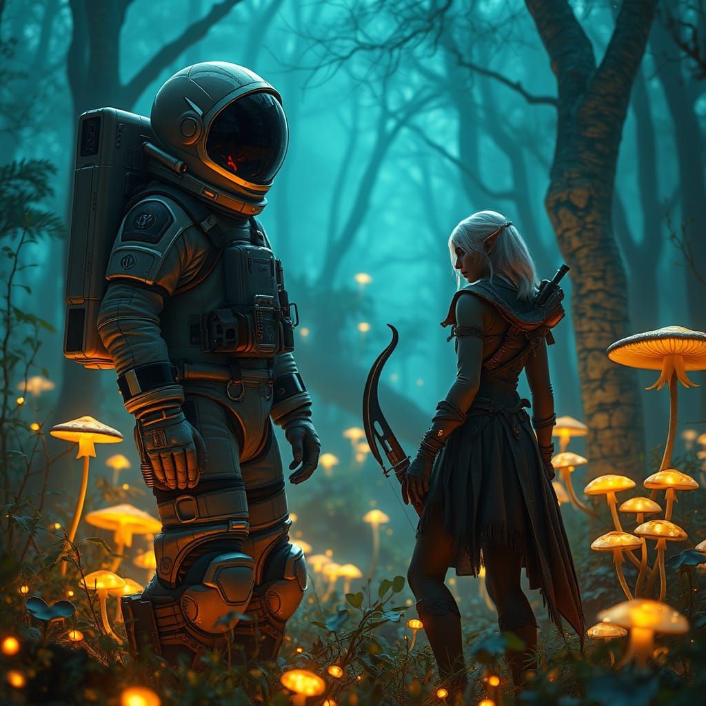 Astronaut Meets Enchanted Forest in Cyberpunk Art