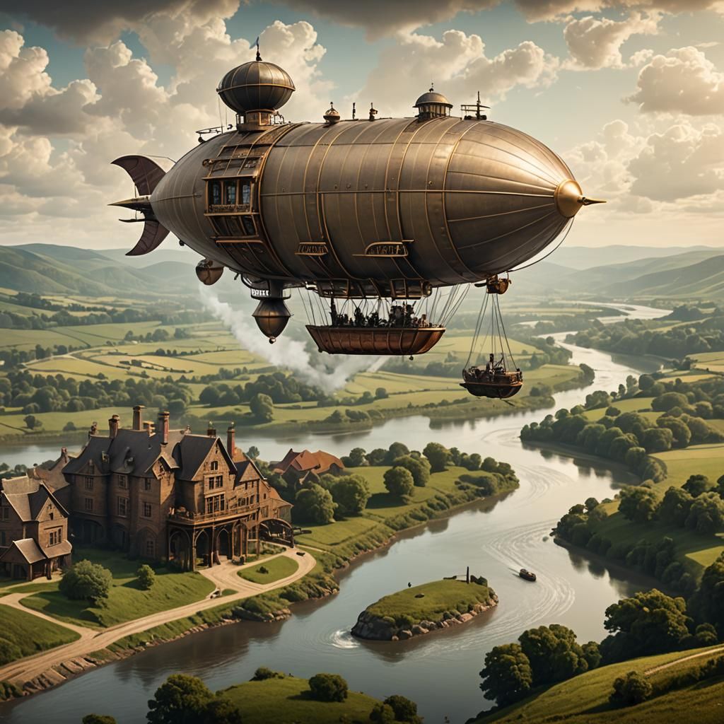 Steampunk Airship Over Rural Landscape