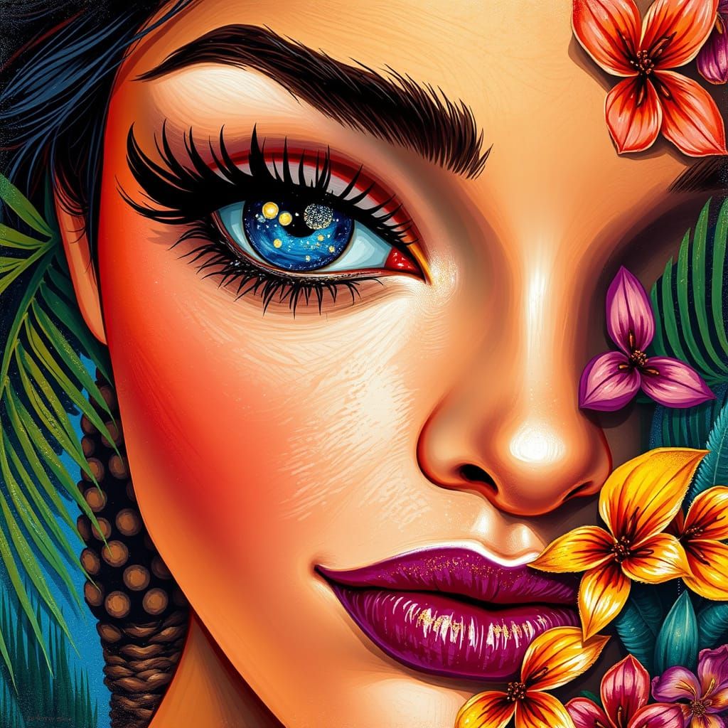 Galactic Goddess with Luscious Lips and Tropical Bloom