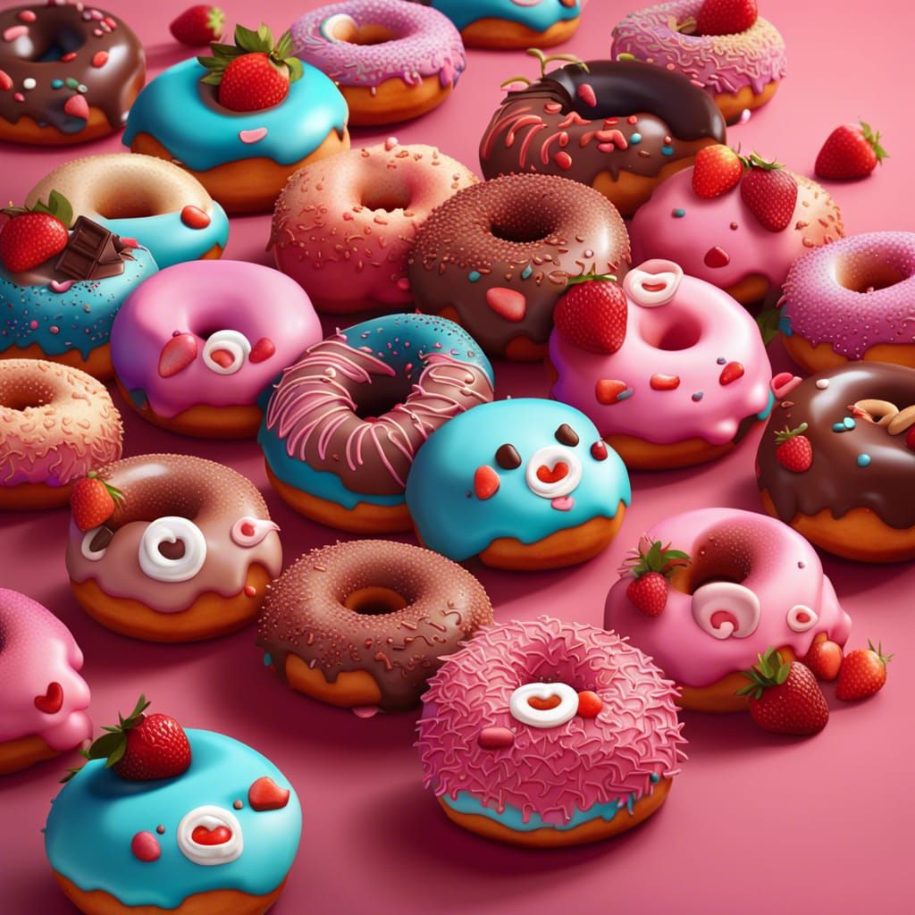 Cute Faced Donuts Stacked High in Matte Painting Style