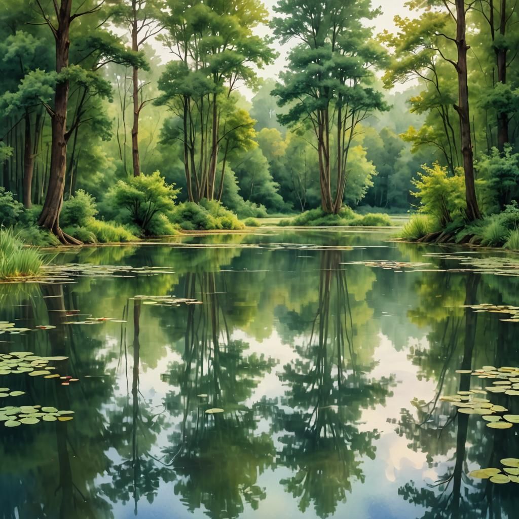 Serene Pond Reflection in Dreamy Watercolor Style