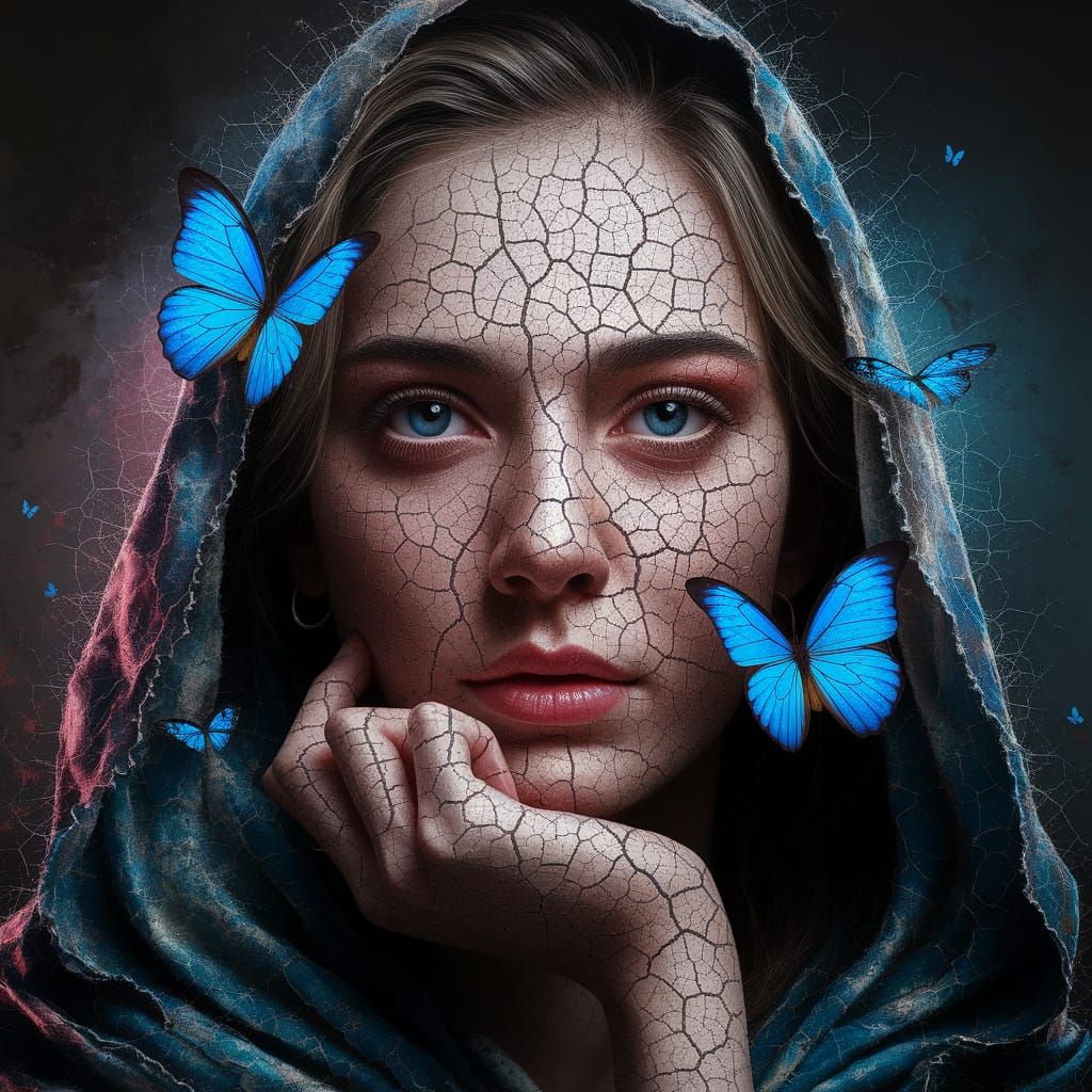Textured Portrait of Woman with Blue Butterflies