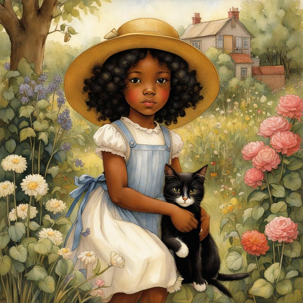 Girl and Cat in Garden, Vintage Illustration Style